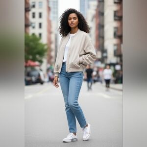 ZARA Oversized Faux Suede Bomber Jacket Zip Front Neutral Minimalist Size L